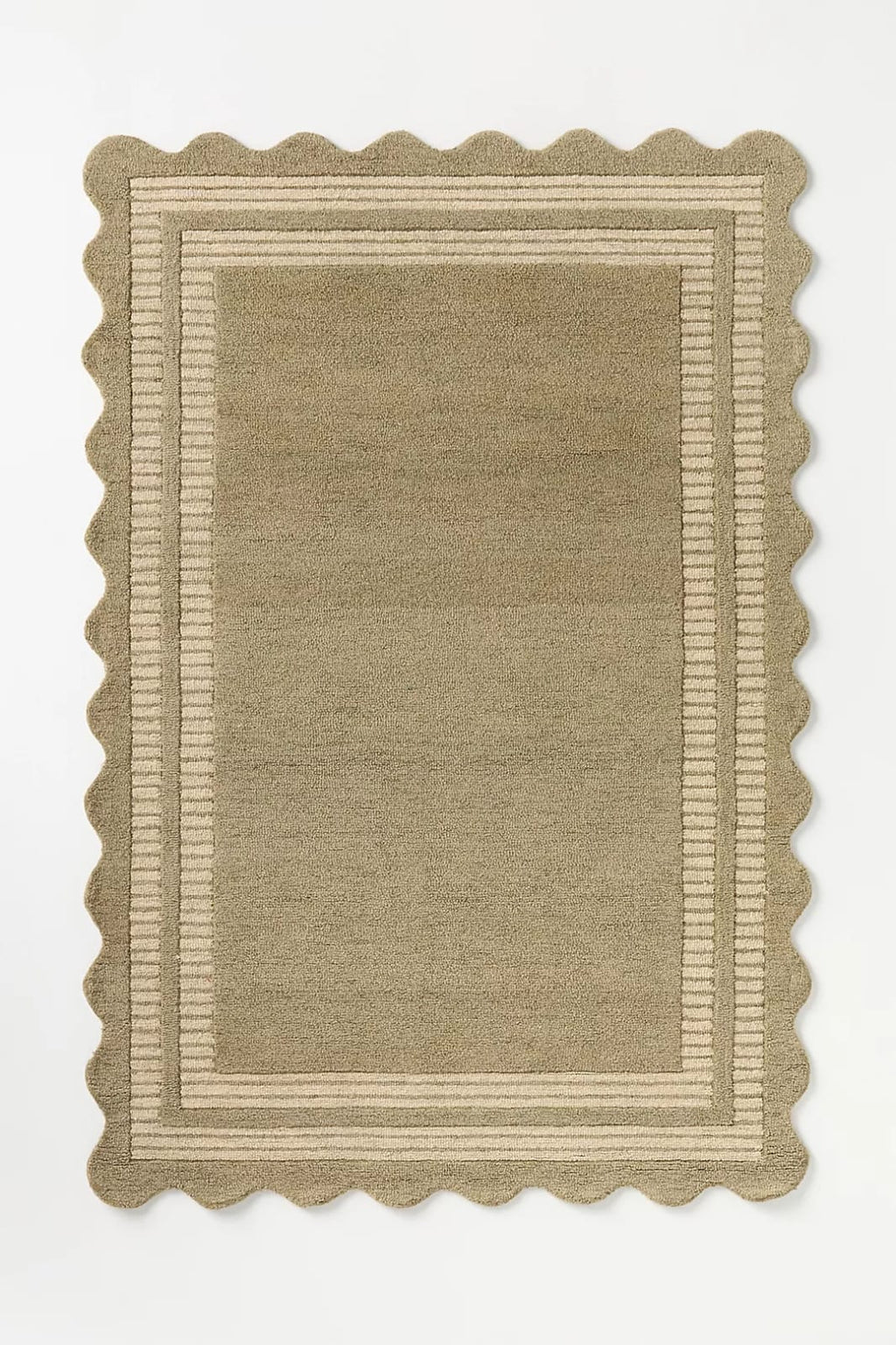 Hand Tufted Neutral Wool Rug, Scalloped Border Framed Area Rug, Beige & Ivory Handmade Carpet for Living Room Bedroom Nursery
