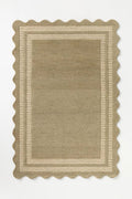 Hand Tufted Neutral Wool Rug, Scalloped Border Framed Area Rug, Beige & Ivory Handmade Carpet for Living Room Bedroom Nursery