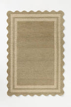 Hand Tufted Neutral Wool Rug, Scalloped Border Framed Area Rug, Beige & Ivory Handmade Carpet for Living Room Bedroom Nursery