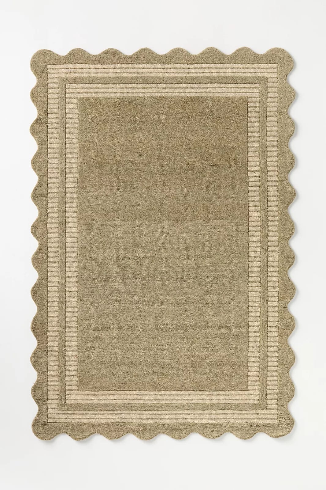 Hand Tufted Neutral Wool Rug, Scalloped Border Framed Area Rug, Beige & Ivory Handmade Carpet for Living Room Bedroom Nursery
