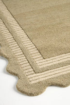Hand Tufted Neutral Wool Rug, Scalloped Border Framed Area Rug, Beige & Ivory Handmade Carpet for Living Room Bedroom Nursery