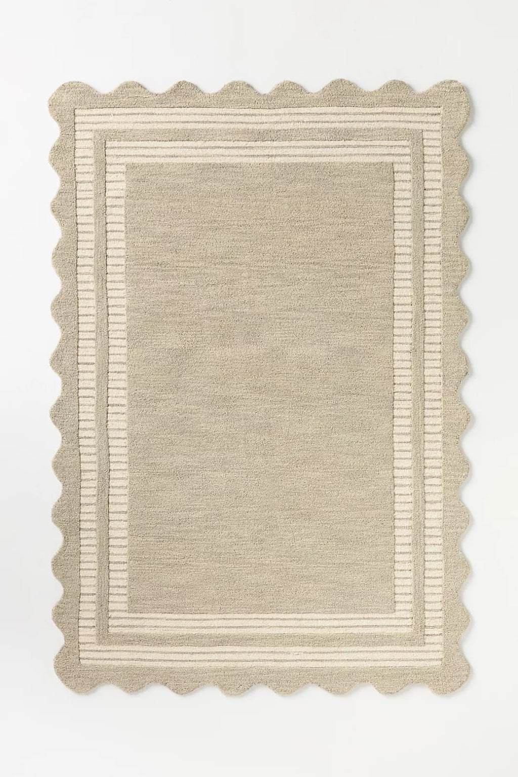 Hand Tufted Neutral Wool Rug, Scalloped Border Framed Area Rug, Beige & Ivory Handmade Carpet for Living Room Bedroom Nursery