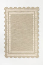 Hand Tufted Neutral Wool Rug, Scalloped Border Framed Area Rug, Beige & Ivory Handmade Carpet for Living Room Bedroom Nursery