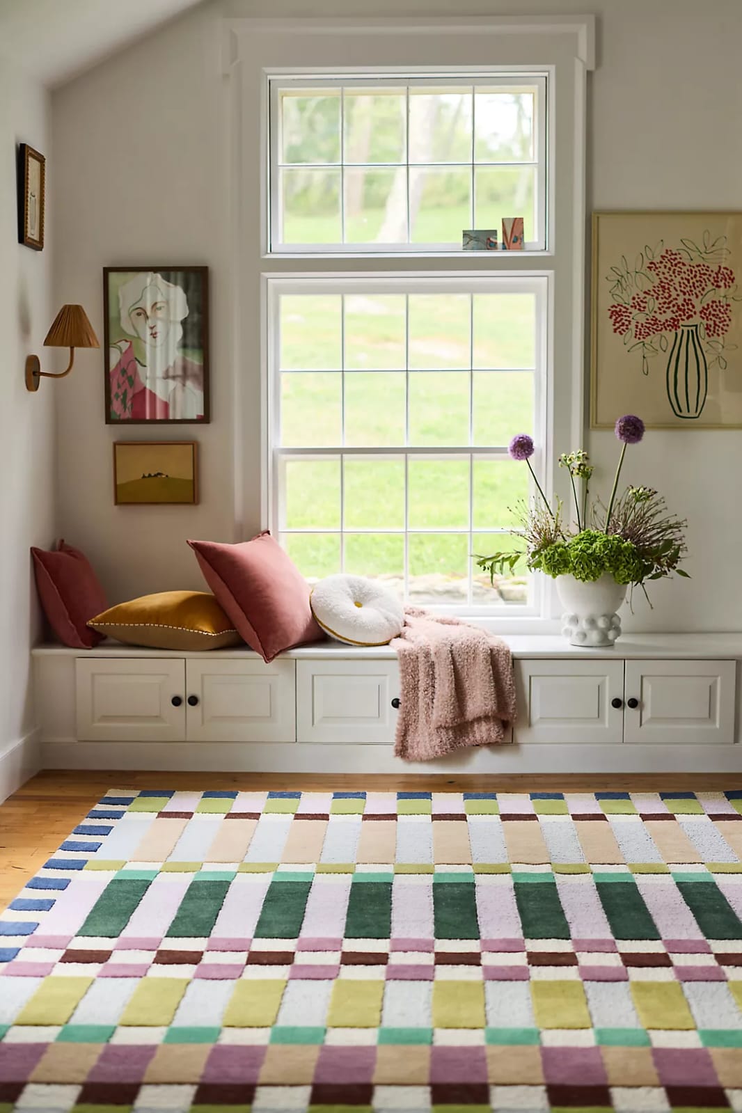 Hand Tufted Floral Rug, Multicolor Botanical Wool Area Rug, Pink Blue Yellow Handmade Carpet for Living Room Bedroom Nursery