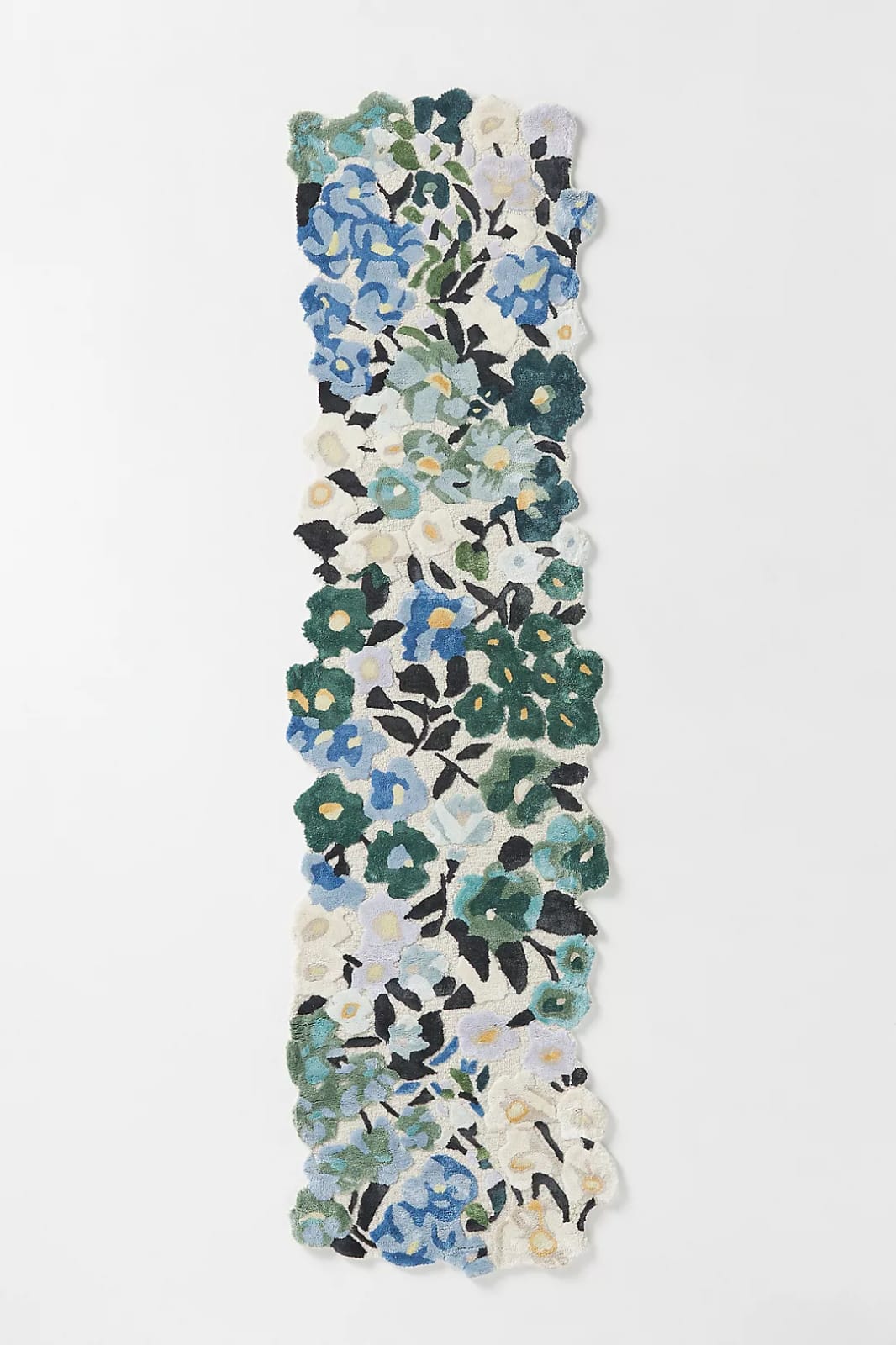 Blue Green Floral Hand Tufted Wool Rug – Scalloped Botanical Area Rug