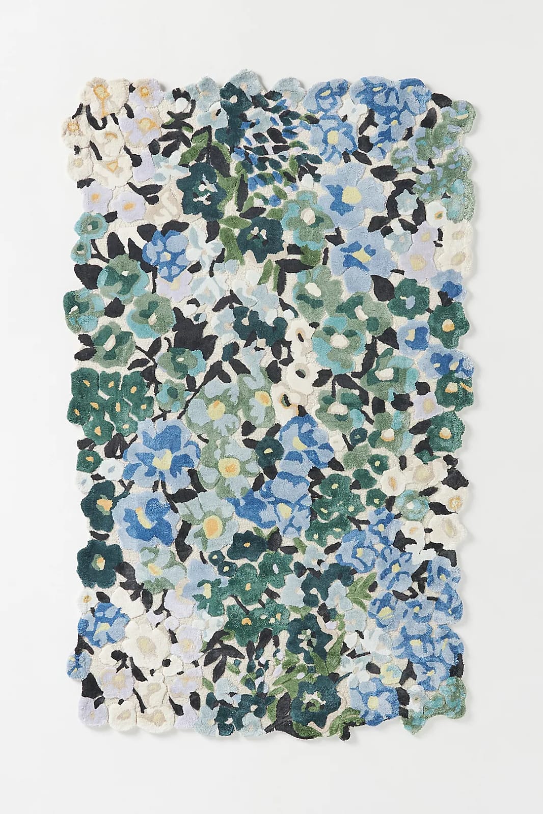 Blue Green Floral Hand Tufted Wool Rug – Scalloped Botanical Area Rug