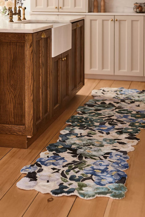 Blue Green Floral Hand Tufted Wool Rug – Scalloped Botanical Area Rug