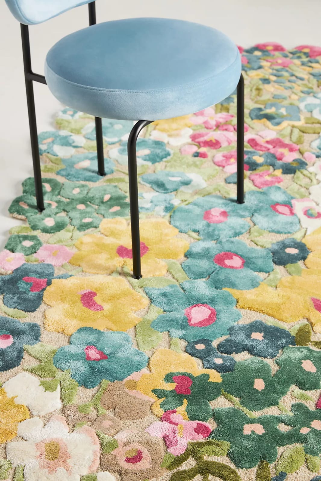 Hand Tufted Floral Rug, Multicolor Botanical Wool Area Rug, Pink Blue Yellow Handmade Carpet for Living Room Bedroom Nursery