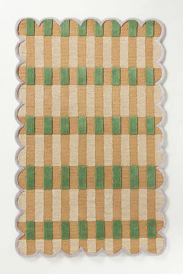 Scalloped Plaid Hand Tufted Wool Rug – Green & Natural