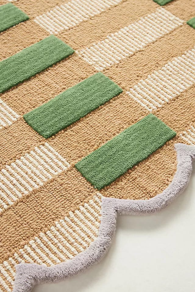 Scalloped Plaid Hand Tufted Wool Rug – Green & Natural