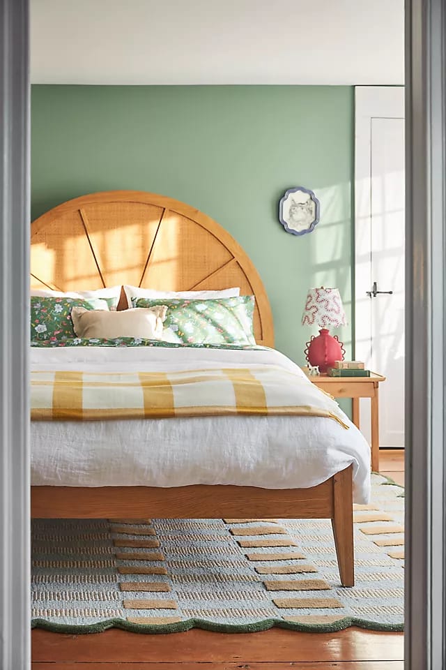 Modern Hand Tufted Rug Green Mustard Cream Plaid Large Area Rug, Scalloped Wool Rug, Handmade Checkered Carpet for Living Room Bedroom Nursery