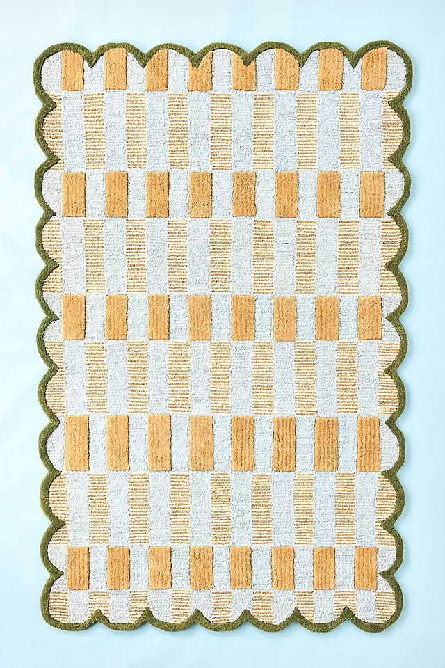 Modern Hand Tufted Rug Green Mustard Cream Plaid Large Area Rug, Scalloped Wool Rug, Handmade Checkered Carpet for Living Room Bedroom Nursery