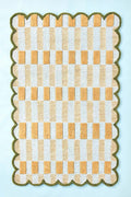 Modern Hand Tufted Rug Green Mustard Cream Plaid Large Area Rug, Scalloped Wool Rug, Handmade Checkered Carpet for Living Room Bedroom Nursery