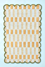 Modern Hand Tufted Rug Green Mustard Cream Plaid Large Area Rug, Scalloped Wool Rug, Handmade Checkered Carpet for Living Room Bedroom Nursery