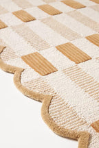 Modern Hand Tufted Rug Cream Tan Plaid Large Area Rug, Scalloped Wool Rug, Handmade Checkered Carpet for Living Room Bedroom Nursery