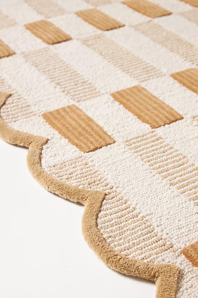 Modern Hand Tufted Rug Cream Tan Plaid Large Area Rug, Scalloped Wool Rug, Handmade Checkered Carpet for Living Room Bedroom Nursery
