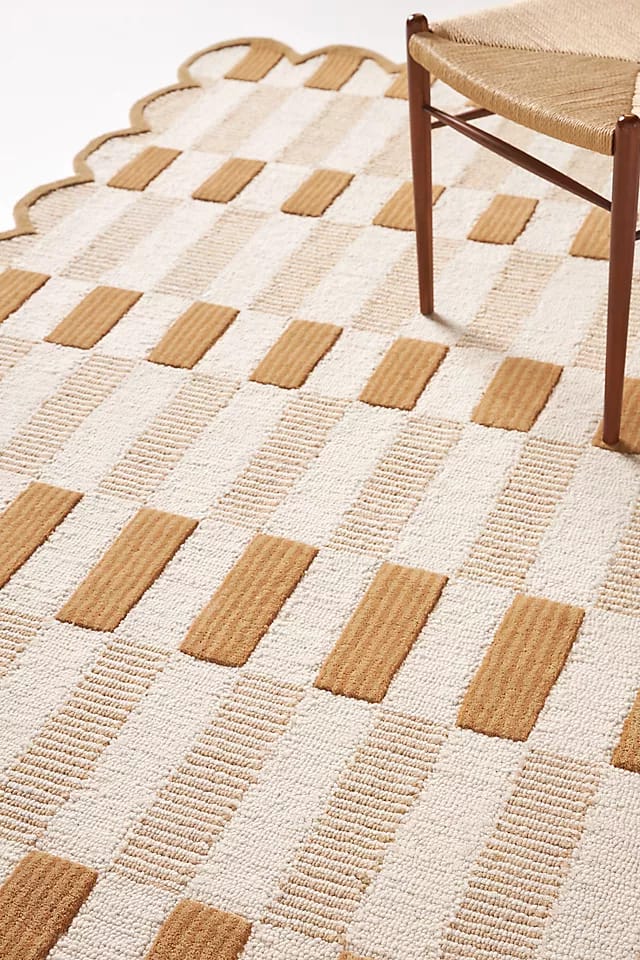 Modern Hand Tufted Rug Cream Tan Plaid Large Area Rug, Scalloped Wool Rug, Handmade Checkered Carpet for Living Room Bedroom Nursery