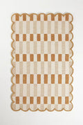Modern Hand Tufted Rug Cream Tan Plaid Large Area Rug, Scalloped Wool Rug, Handmade Checkered Carpet for Living Room Bedroom Nursery