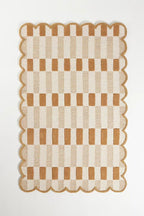 Modern Hand Tufted Rug Cream Tan Plaid Large Area Rug, Scalloped Wool Rug, Handmade Checkered Carpet for Living Room Bedroom Nursery