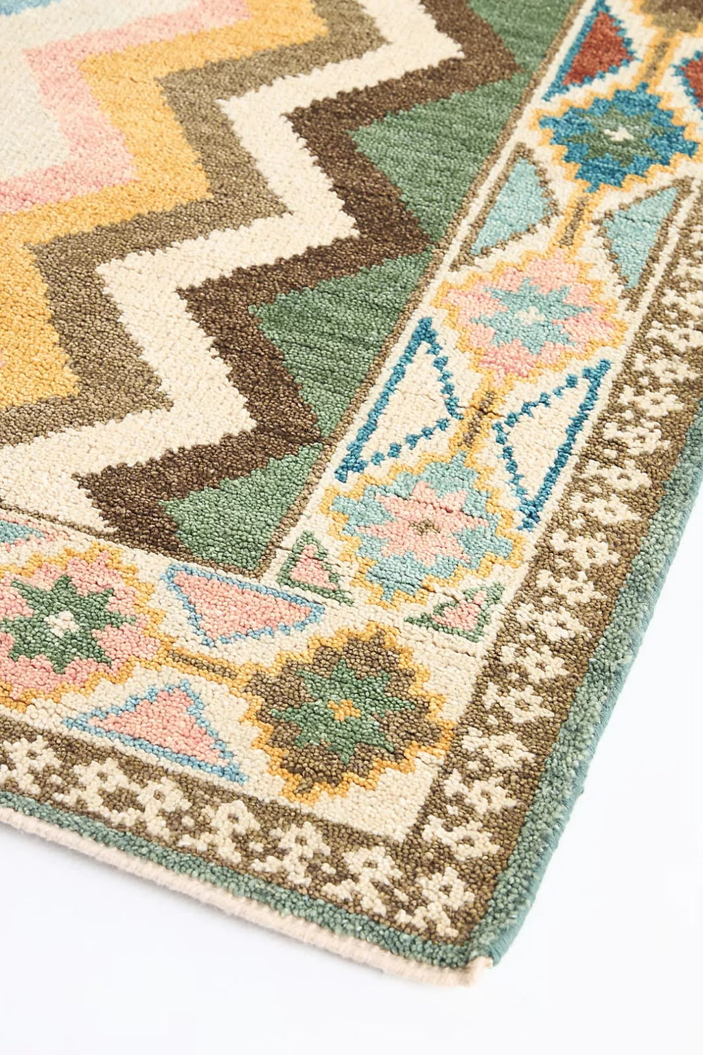 Modern Hand Tufted Rug Grand Pastel Zigzag Large Area Rug, Multicolor Tribal Border Wool Rug, Handmade Living Room Bedroom Rug