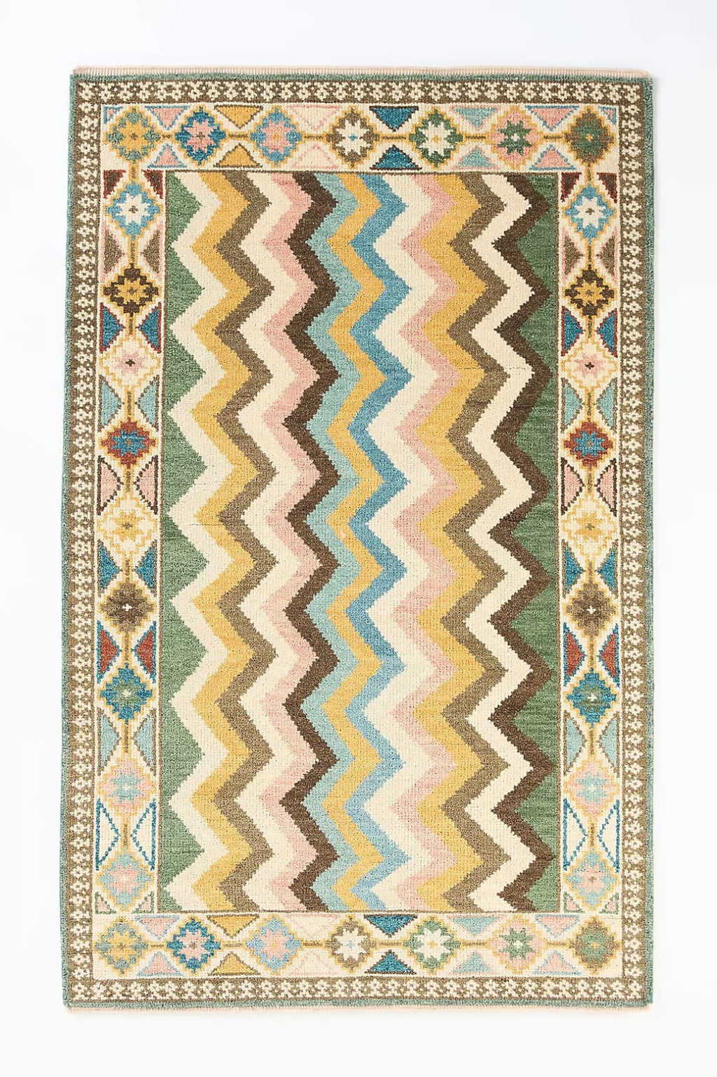 Modern Hand Tufted Rug Grand Pastel Zigzag Large Area Rug, Multicolor Tribal Border Wool Rug, Handmade Living Room Bedroom Rug