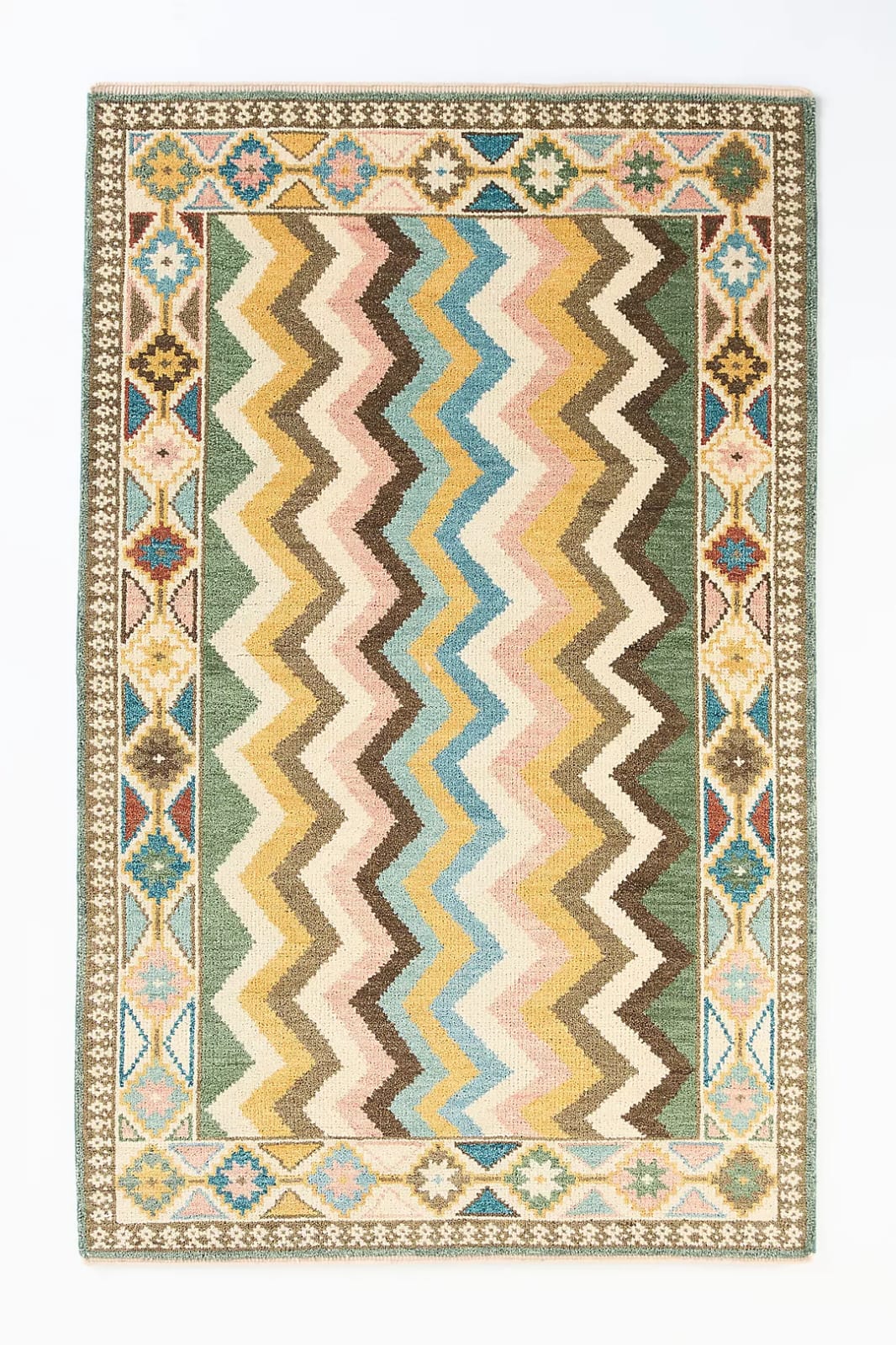 Modern Hand Tufted Rug Grand Pastel Zigzag Large Area Rug, Multicolor Tribal Border Wool Rug, Handmade Living Room Bedroom Rug