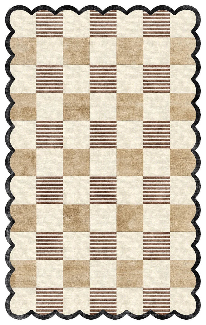Modern Scalloped Checkered Hand Tufted Rug | Beige Brown Wool Area Rug | Luxury Home Decor