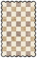 Modern Scalloped Checkered Hand Tufted Rug | Beige Brown Wool Area Rug | Luxury Home Decor