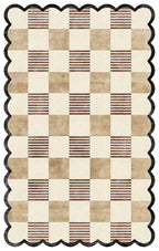 Modern Scalloped Checkered Hand Tufted Rug | Beige Brown Wool Area Rug | Luxury Home Decor