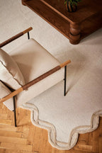 Modern Scalloped Hand Tufted Wool Rug | Cream Beige Area Rug | Luxury Living Room & Bedroom Carpet