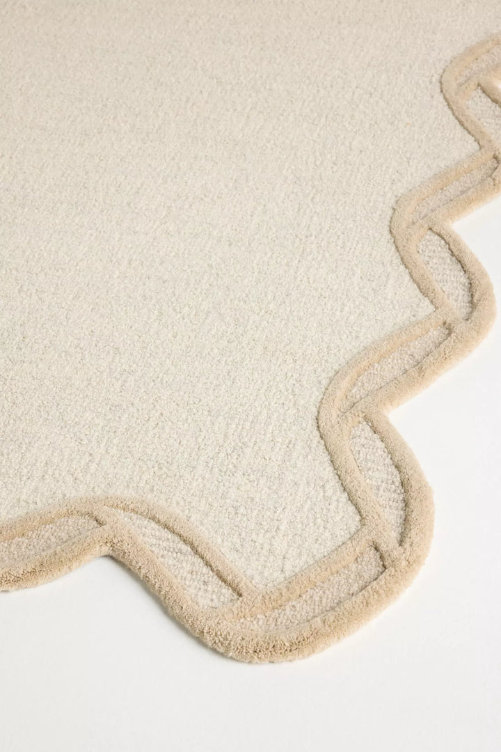 Modern Scalloped Hand Tufted Wool Rug | Cream Beige Area Rug | Luxury Living Room & Bedroom Carpet