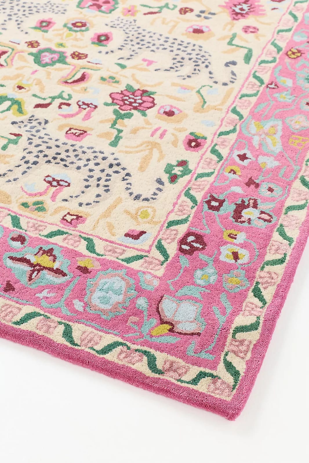 Hand Tufted Leopard Wool Rug | Pink Botanical Animal Area Rug | Handmade Luxury Carpet