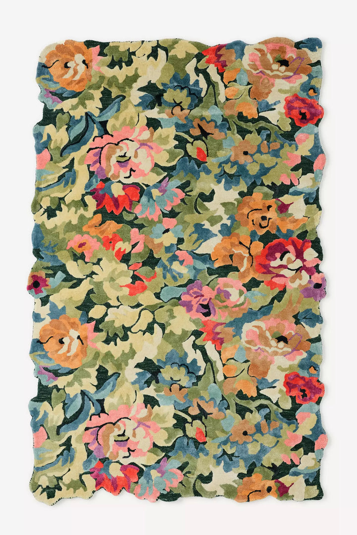 Hand Tufted Floral Wool Rug | Vintage Botanical Area Rug | Handmade Garden Flower Carpet