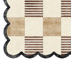 Modern Scalloped Checkered Hand Tufted Rug | Beige Brown Wool Area Rug | Luxury Home Decor