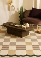 Modern Scalloped Checkered Hand Tufted Rug | Beige Brown Wool Area Rug | Luxury Home Decor