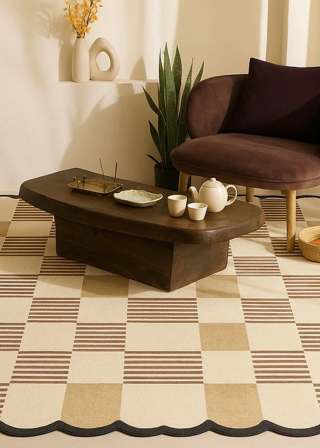 Modern Scalloped Checkered Hand Tufted Rug | Beige Brown Wool Area Rug | Luxury Home Decor
